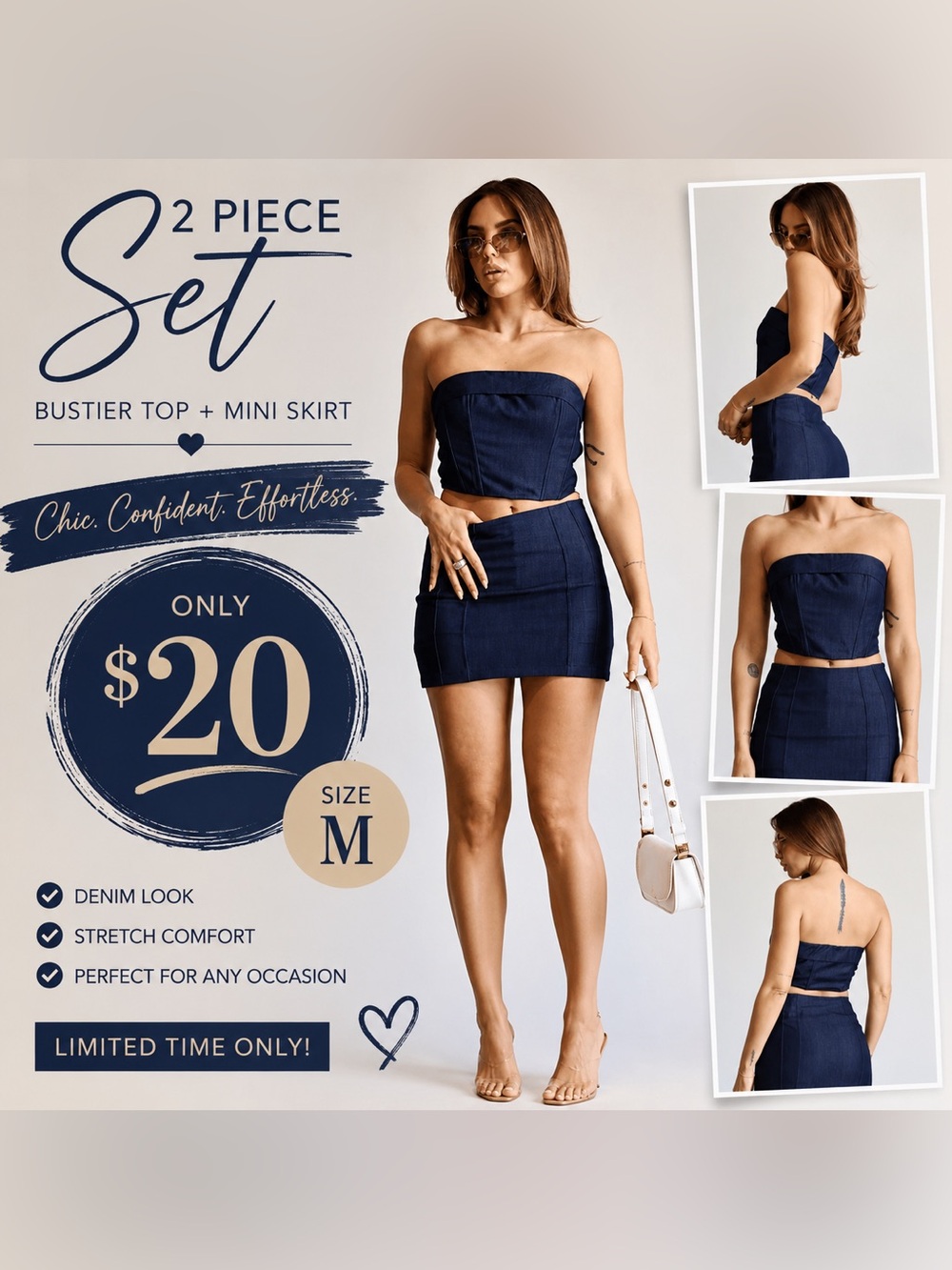 Strapless Navy Two-Piece Set - Top + Mini Skirt
